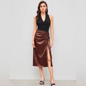 Cider Asymmetrical Satin Skirt in Rich Brown